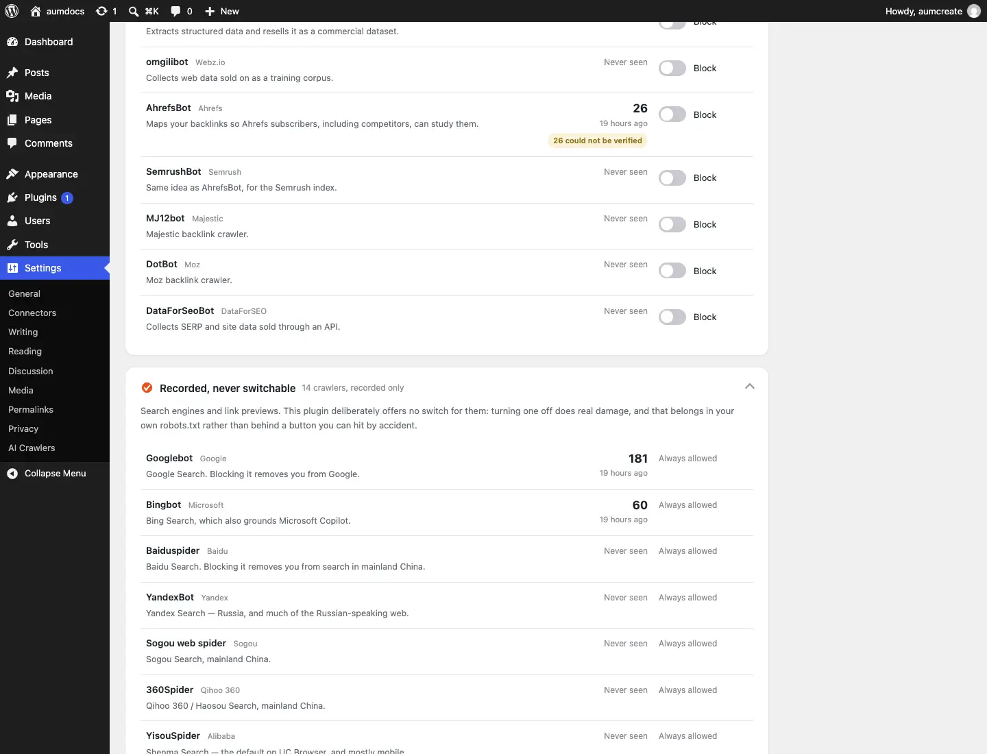 The third group, expanded: Googlebot reads Always allowed where a switch would be