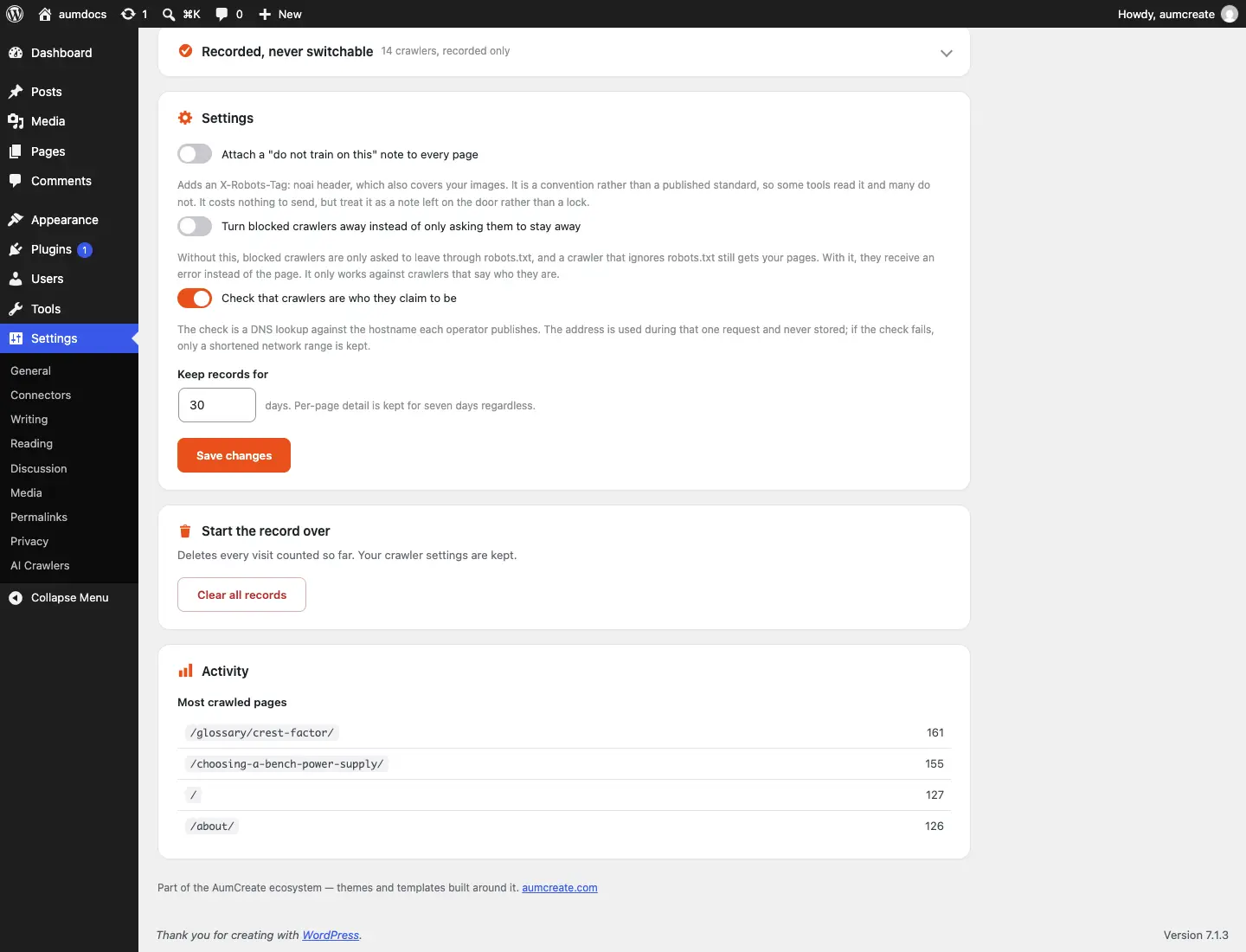 The Settings section and Start the record over