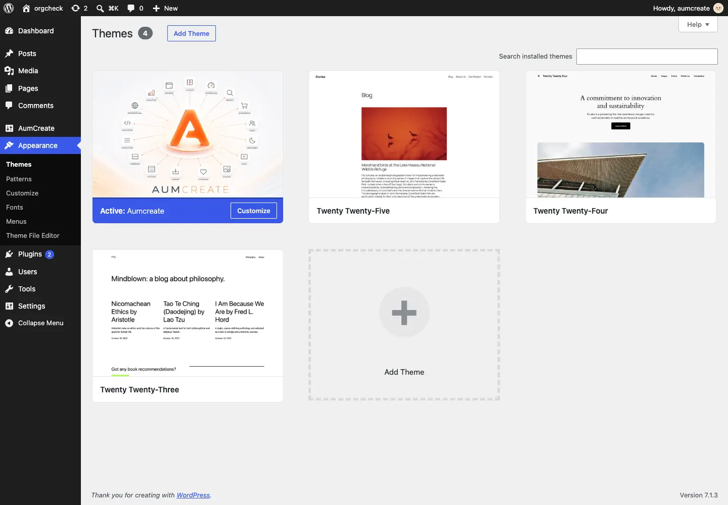 The Themes screen with AumCreate active