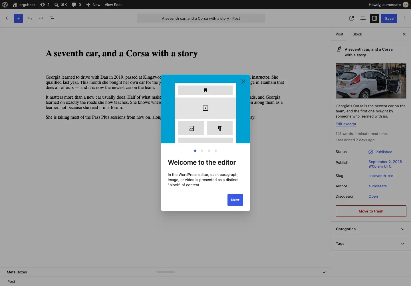 The Article Template box in the post editor