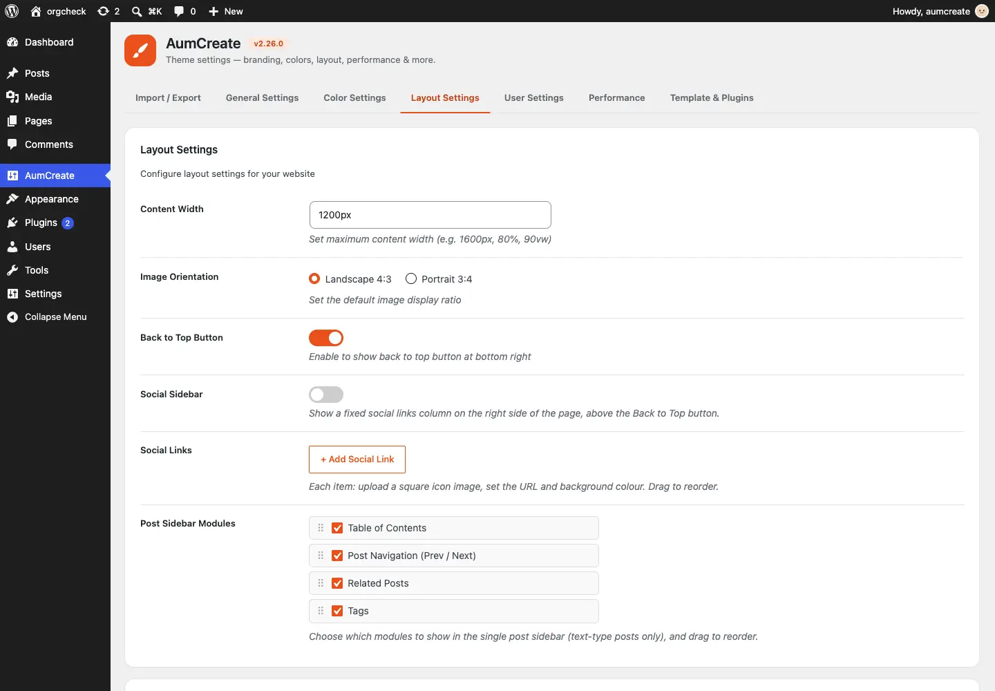 The Layout Settings tab