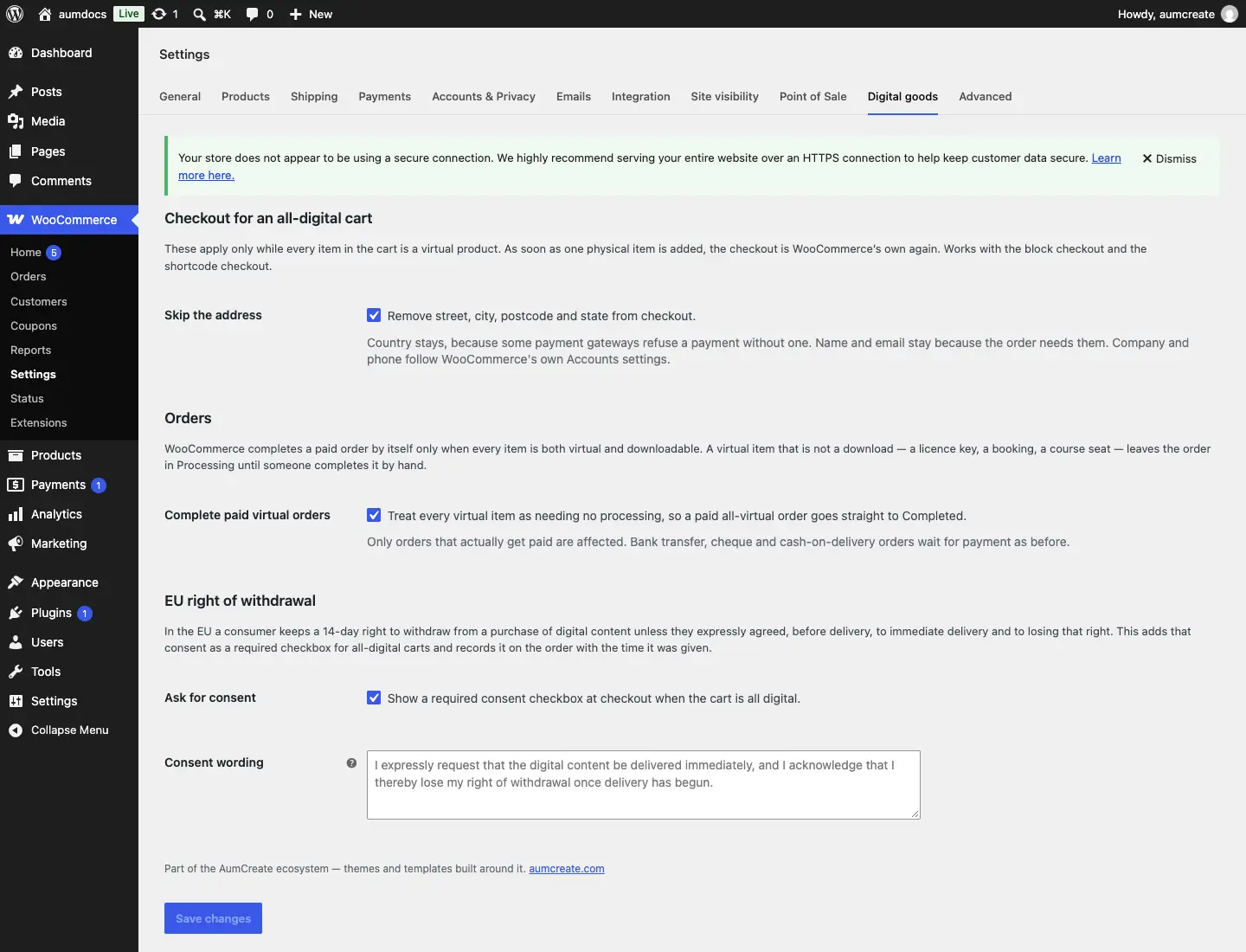 The Digital goods tab, with all three sections