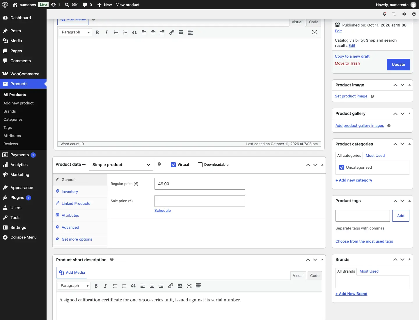 A product marked Virtual but not Downloadable — the case this setting exists for
