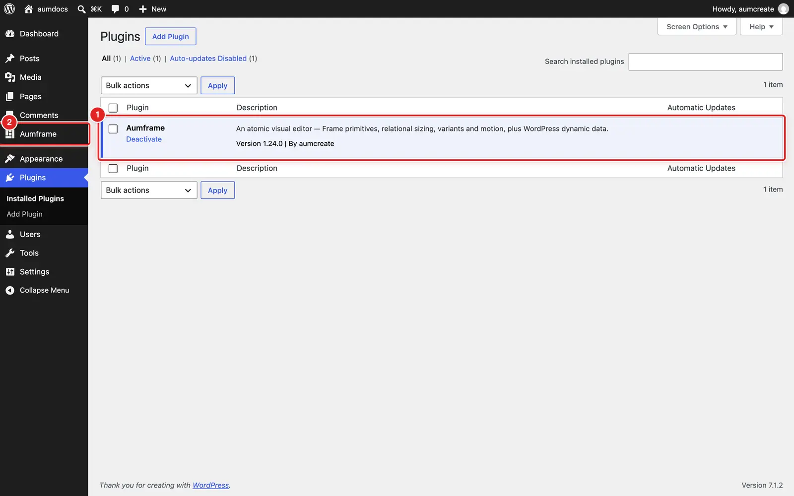 The Plugins screen with Aumframe active