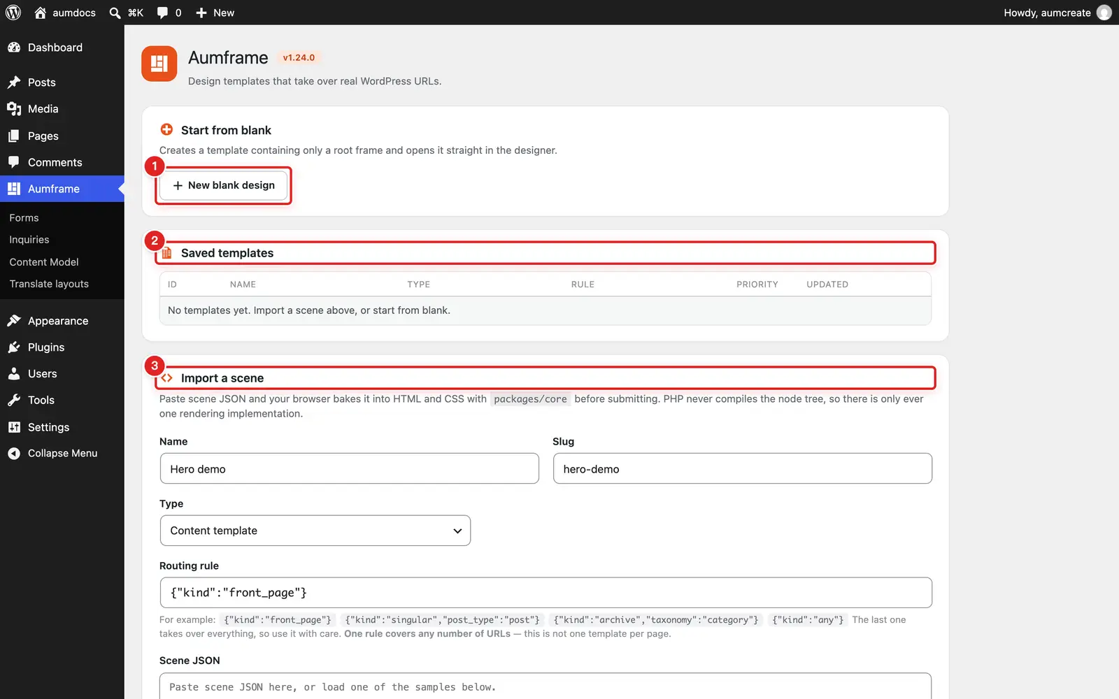 The Aumframe admin screen