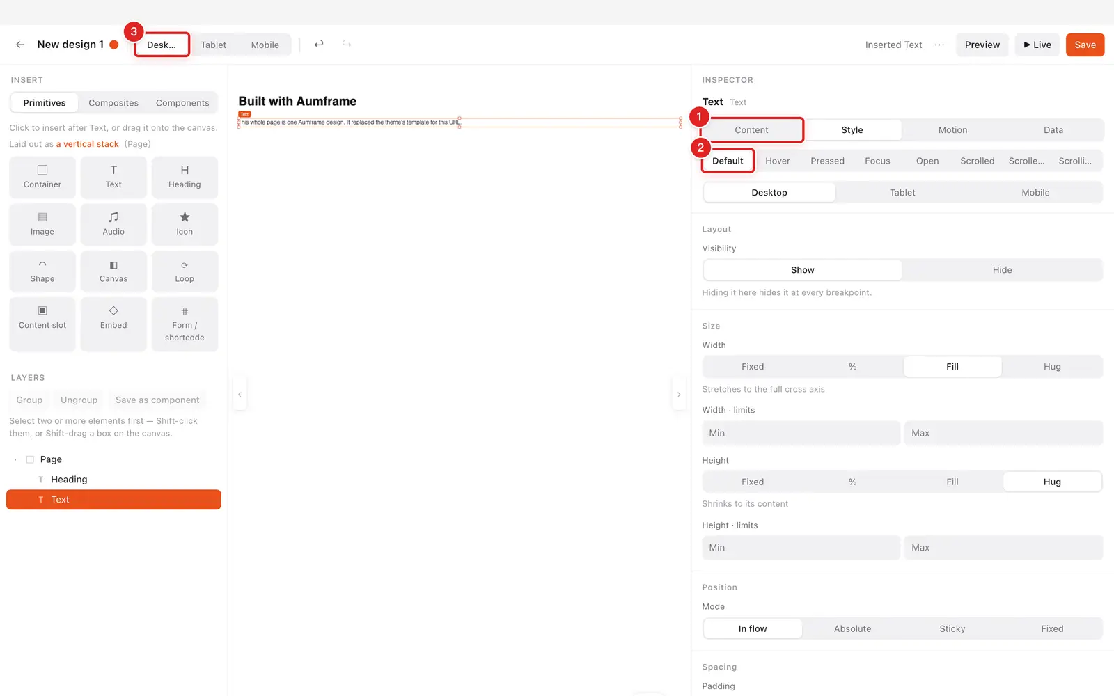 The inspector with a text node selected