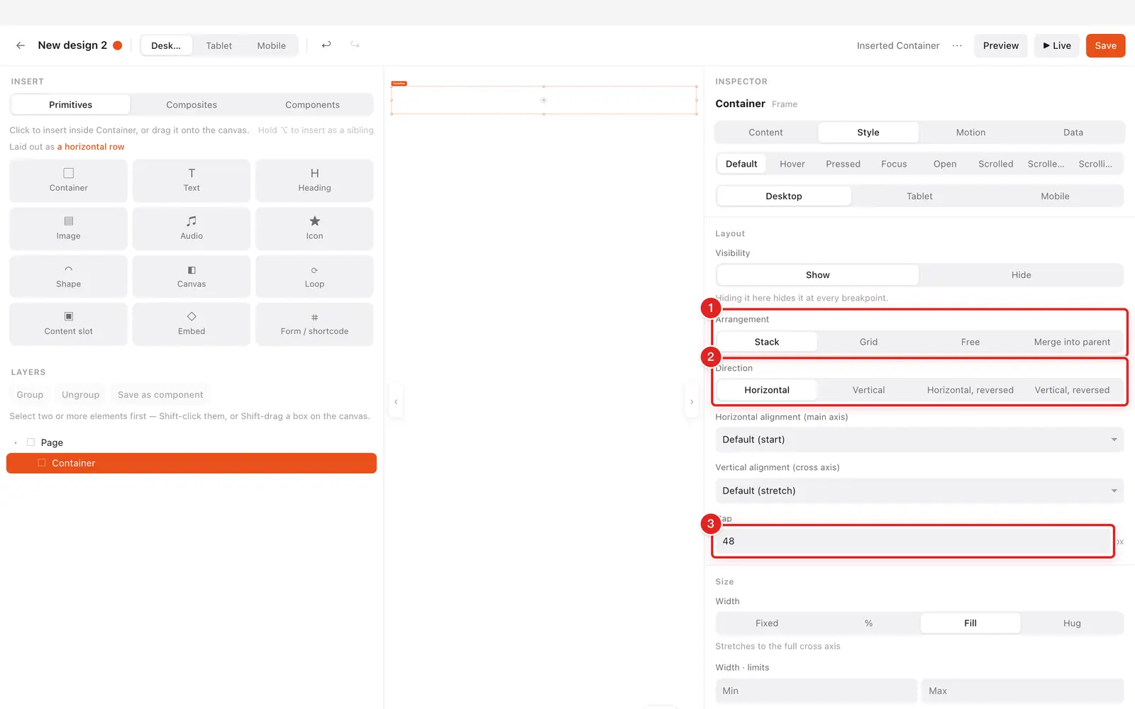 The container's layout controls