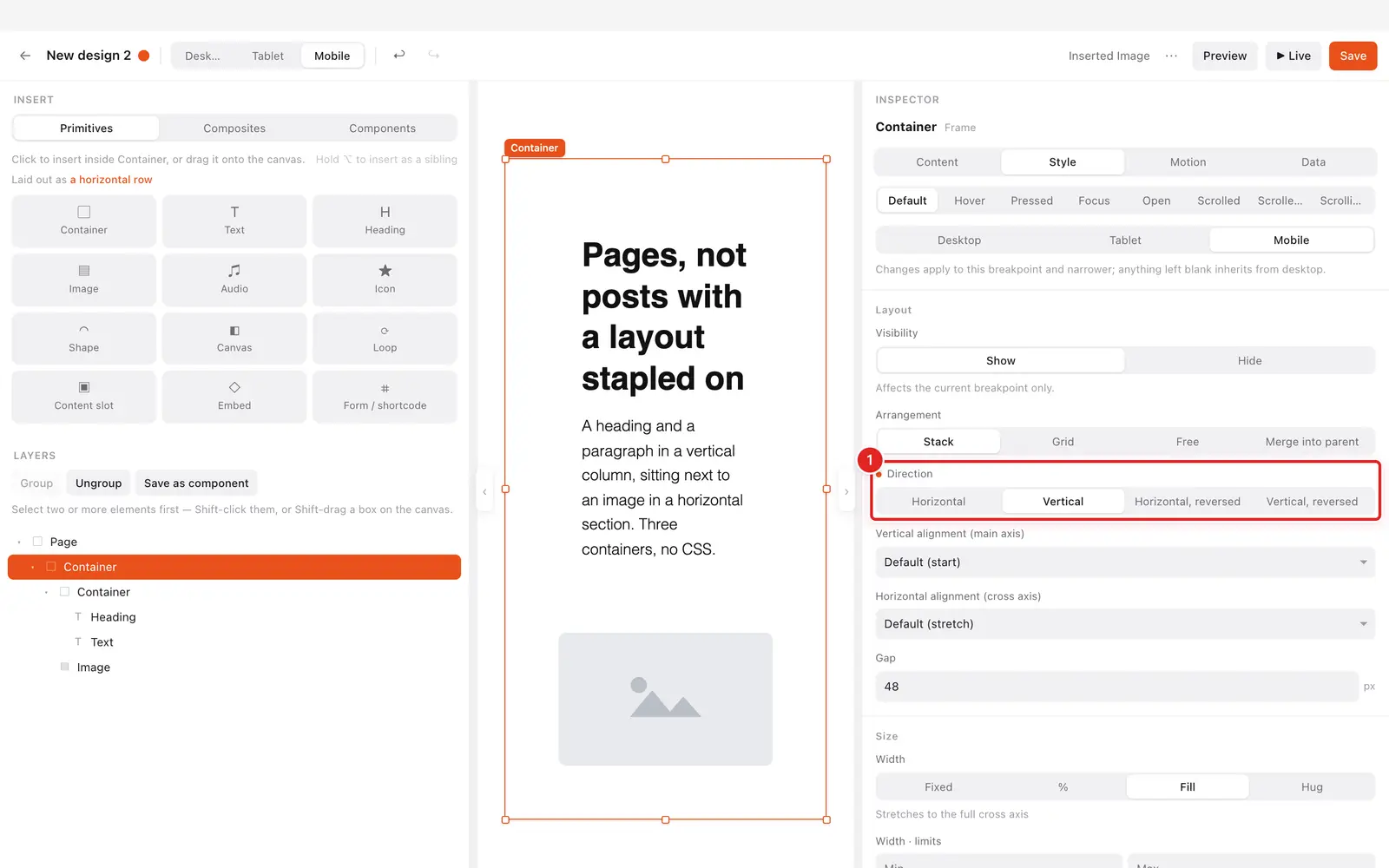 Setting direction for the mobile breakpoint only
