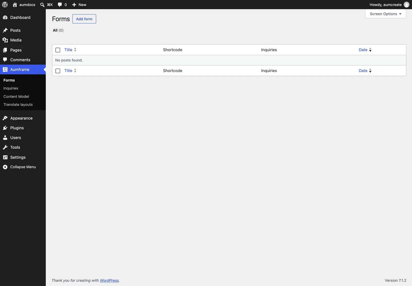 The Forms screen
