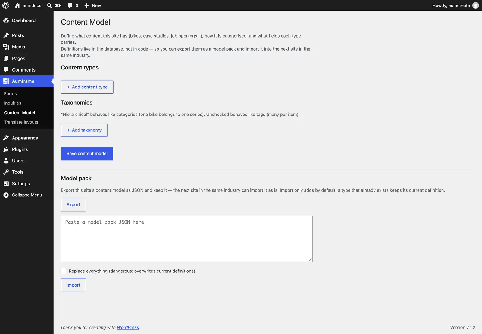 The Content Model screen