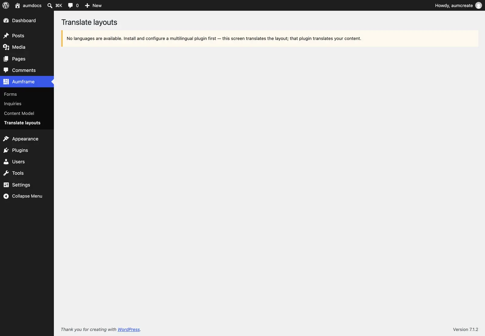 The Translate layouts screen