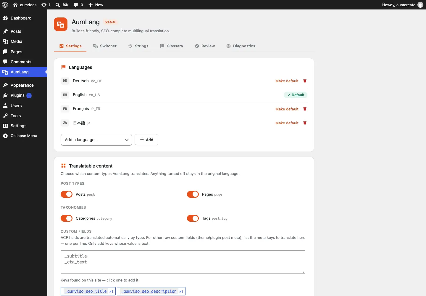 The settings screen: languages, provider and translatable content