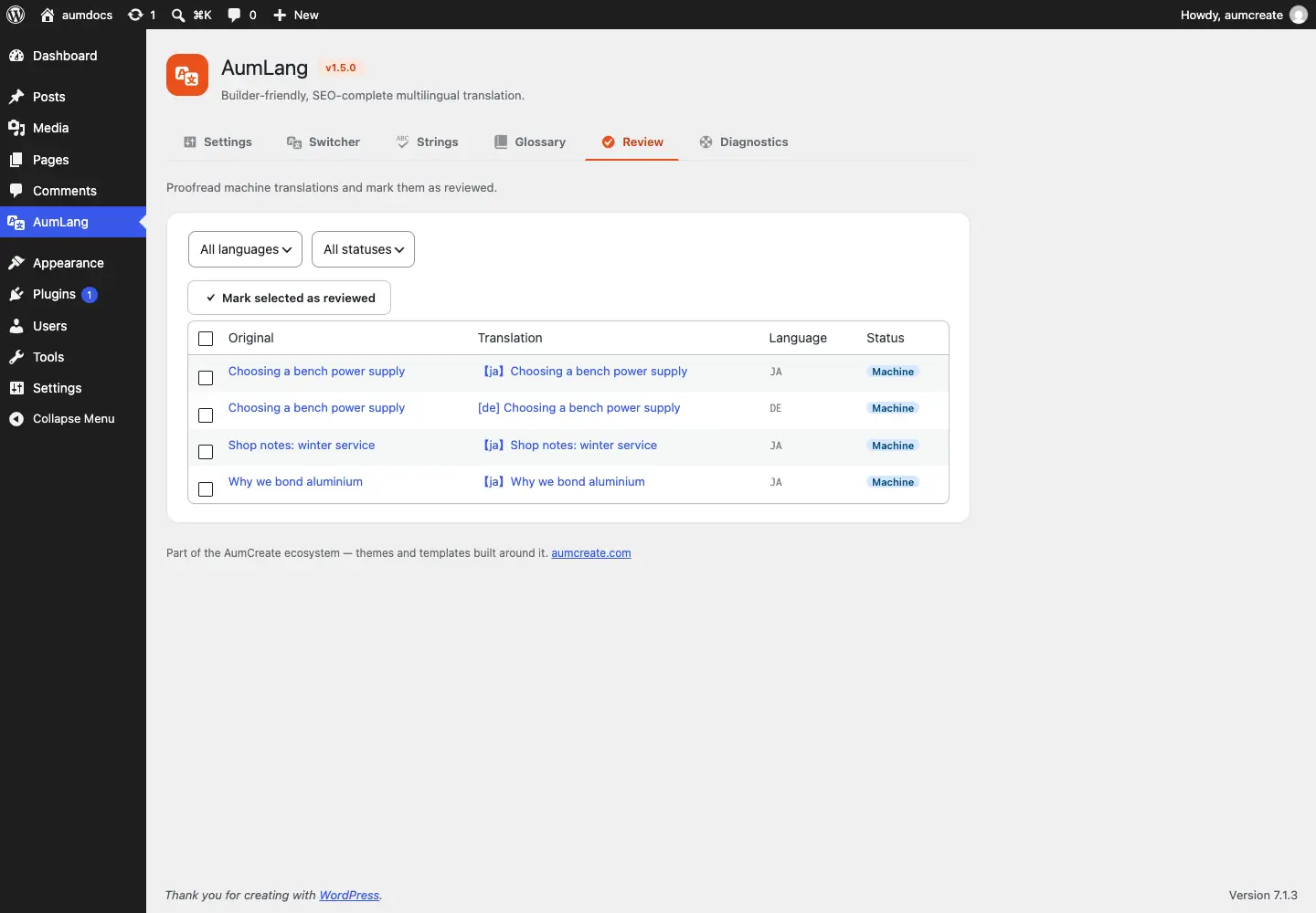 The Review screen