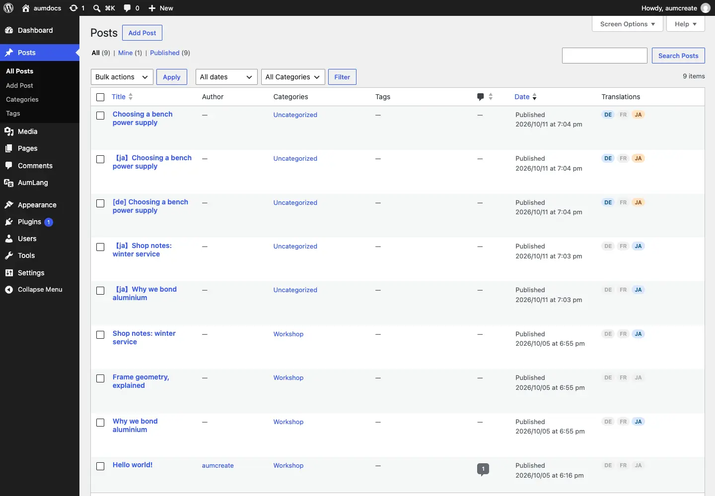 The posts list, with a translation sitting beside its original