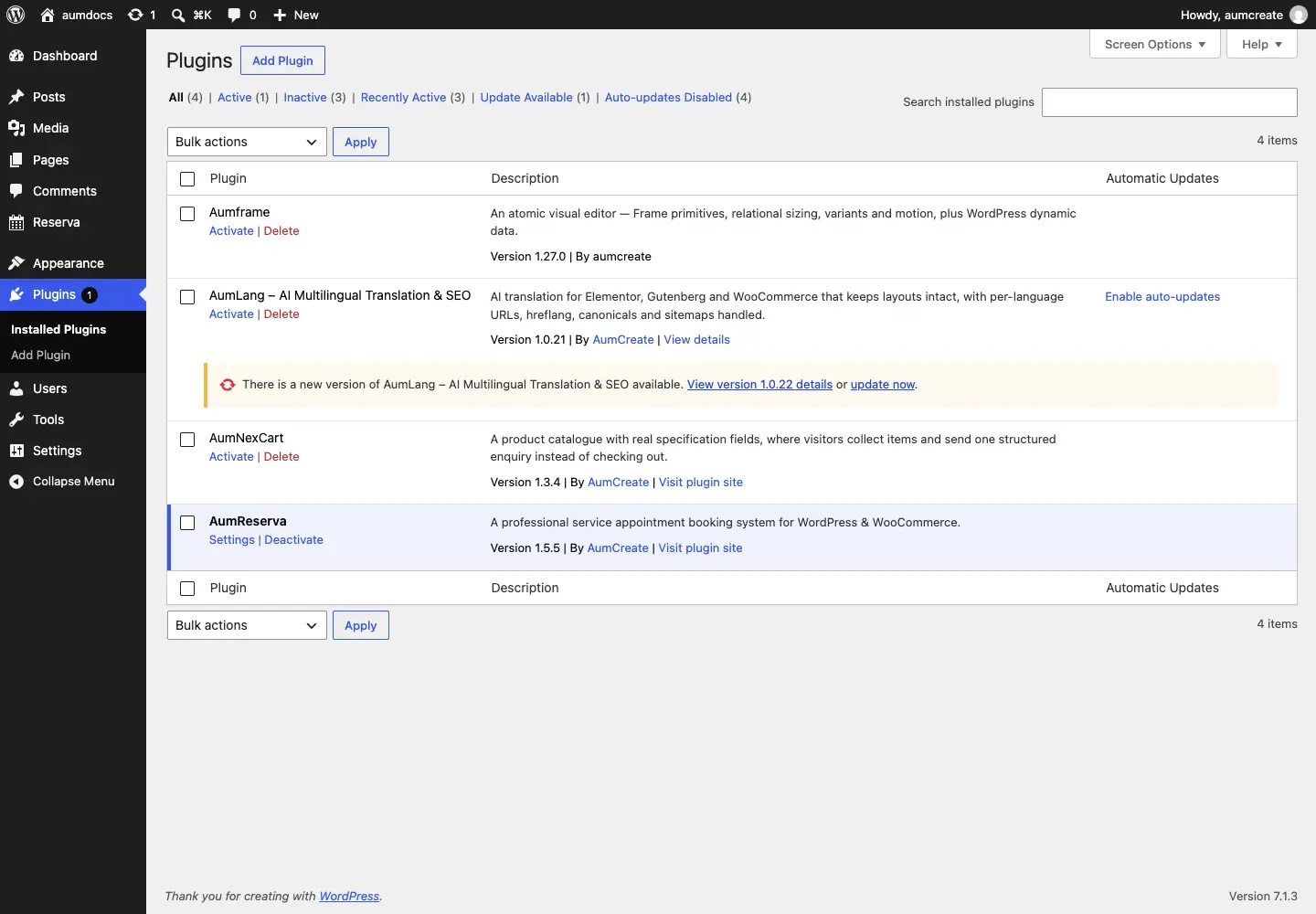 AumReserva active, and the only plugin on the site