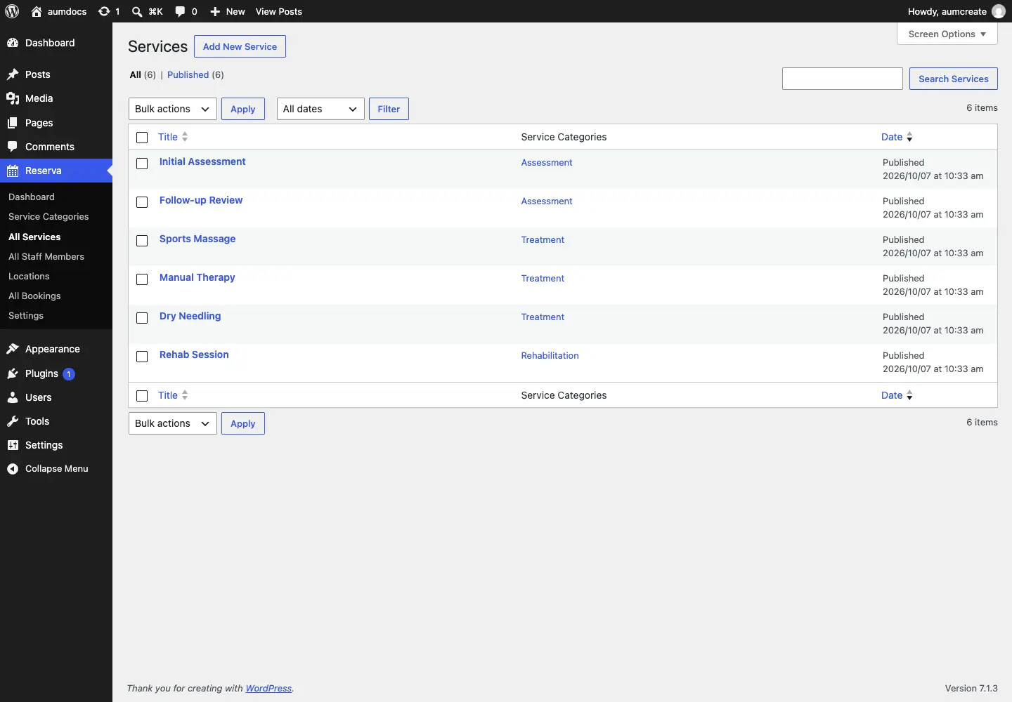 The services list