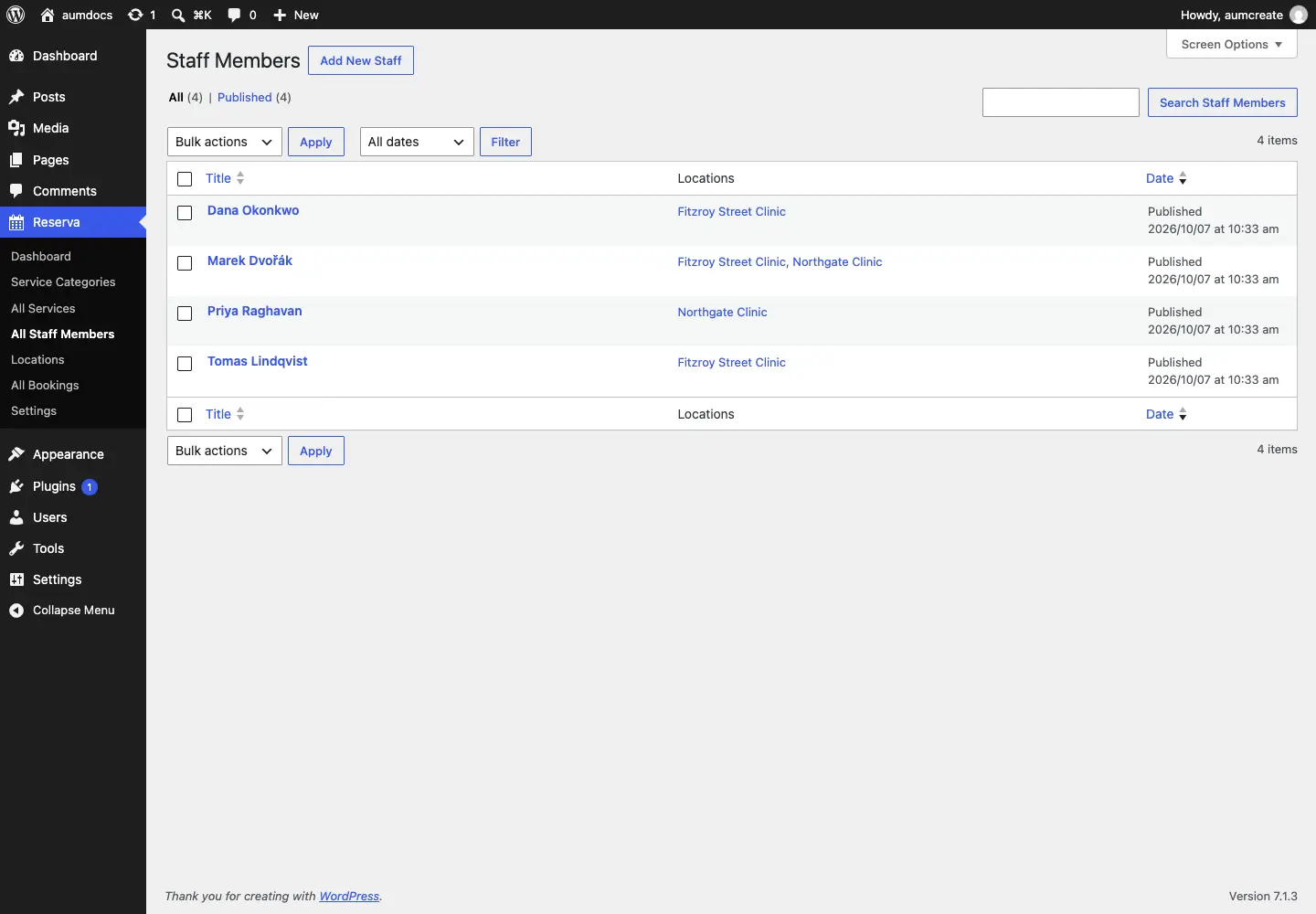 The staff list