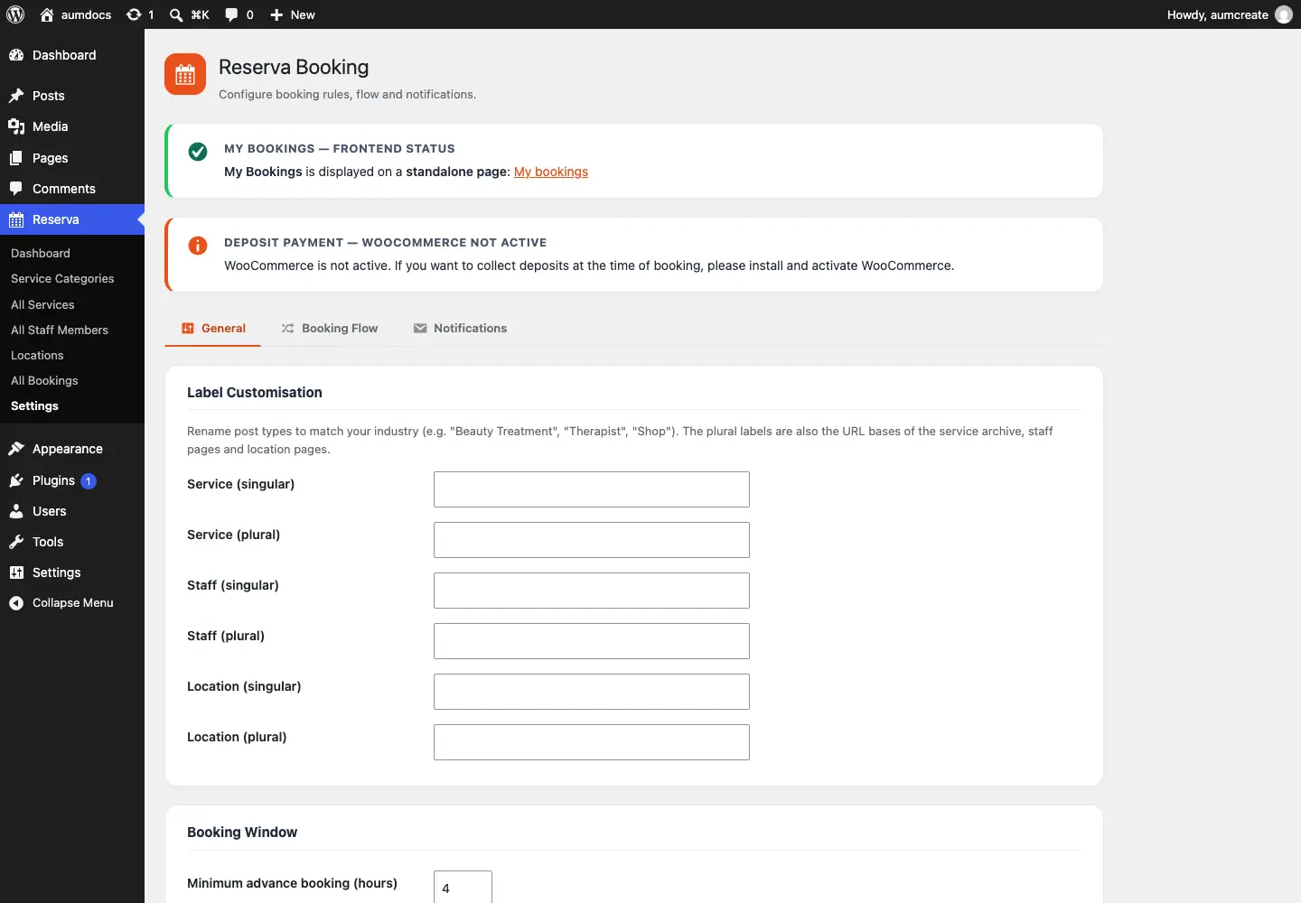 Settings, General tab