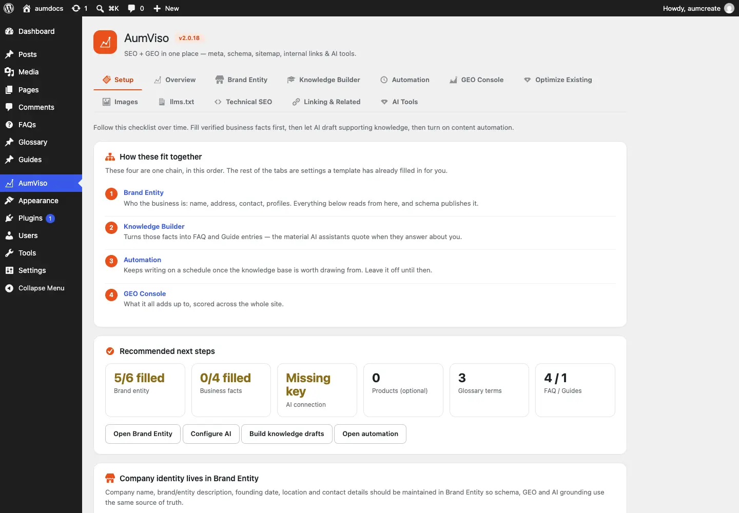 The Setup screen, listing the next steps in order