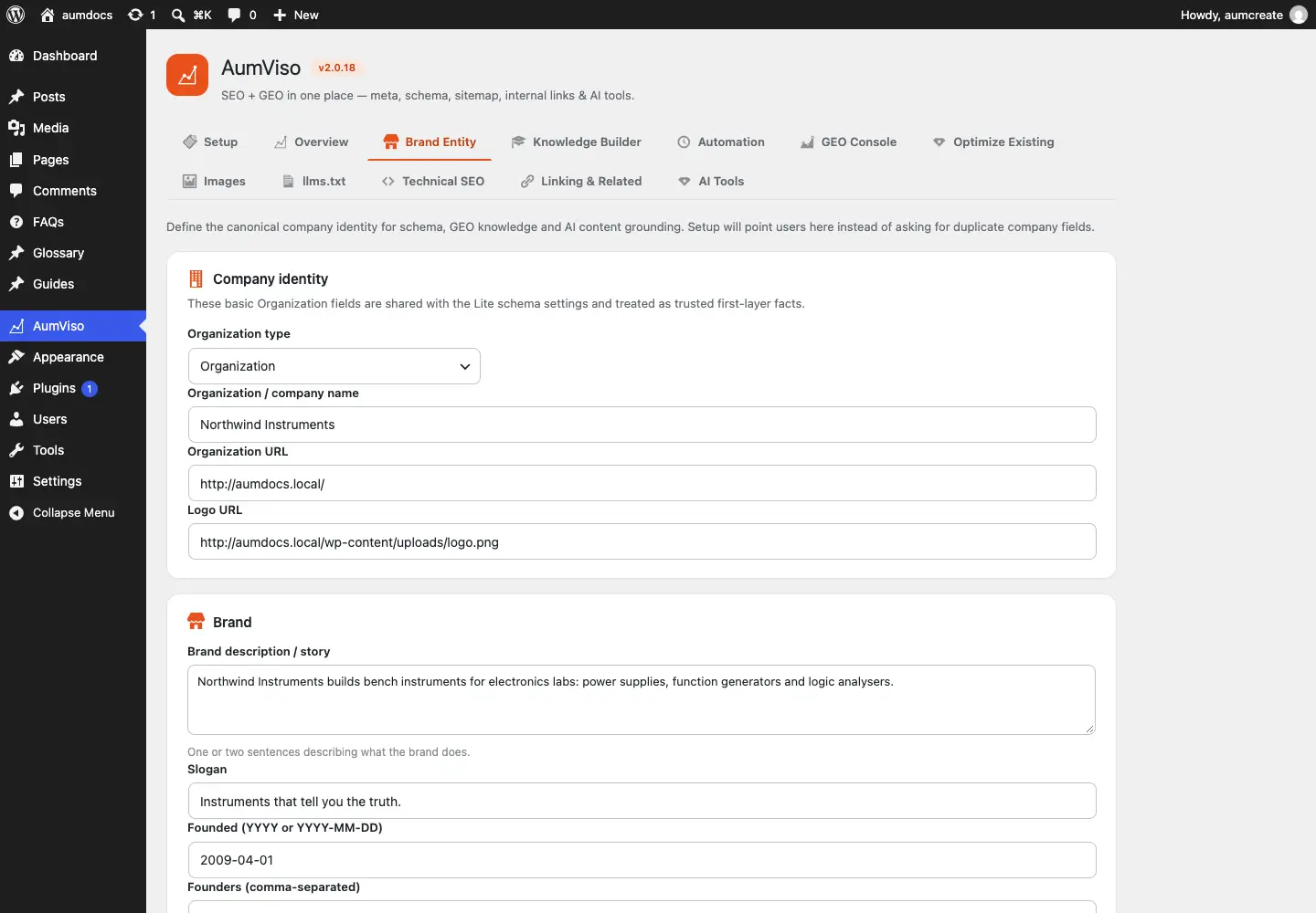 The Brand Entity screen with the organisation fields
