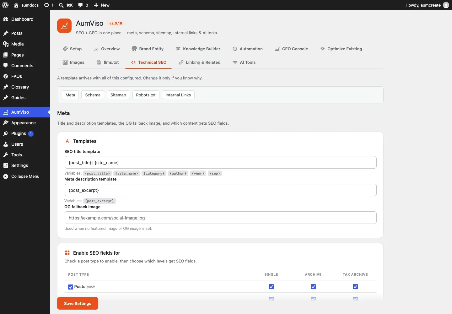 The Technical SEO screen, Meta section