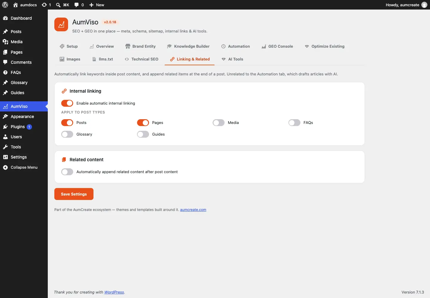 The Linking & Related screen