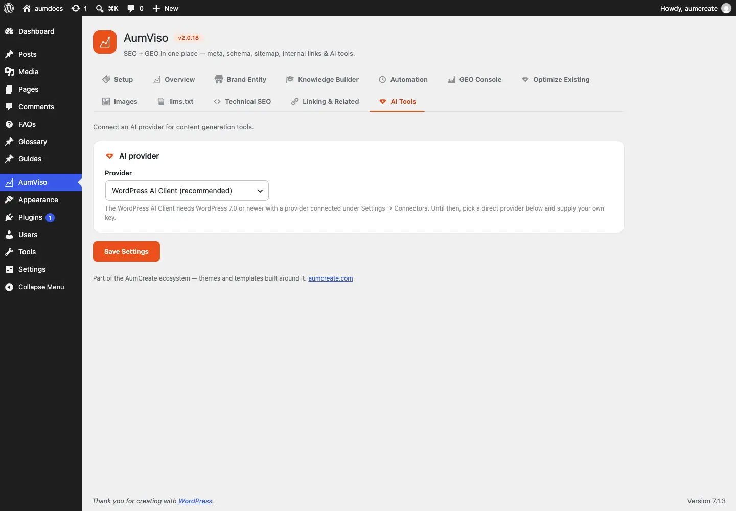 The AI Tools screen: provider, key and model