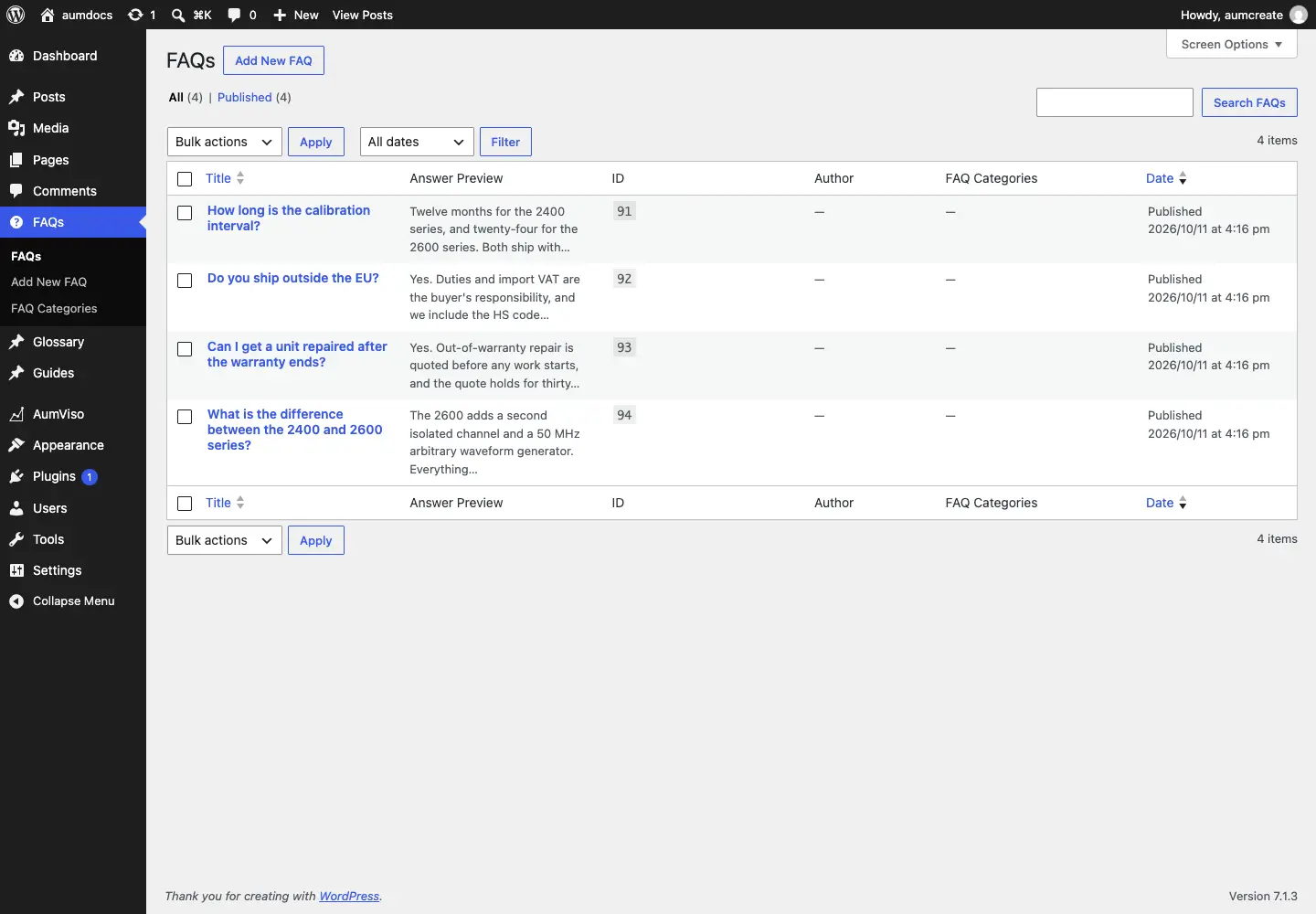 The FAQ list in the admin