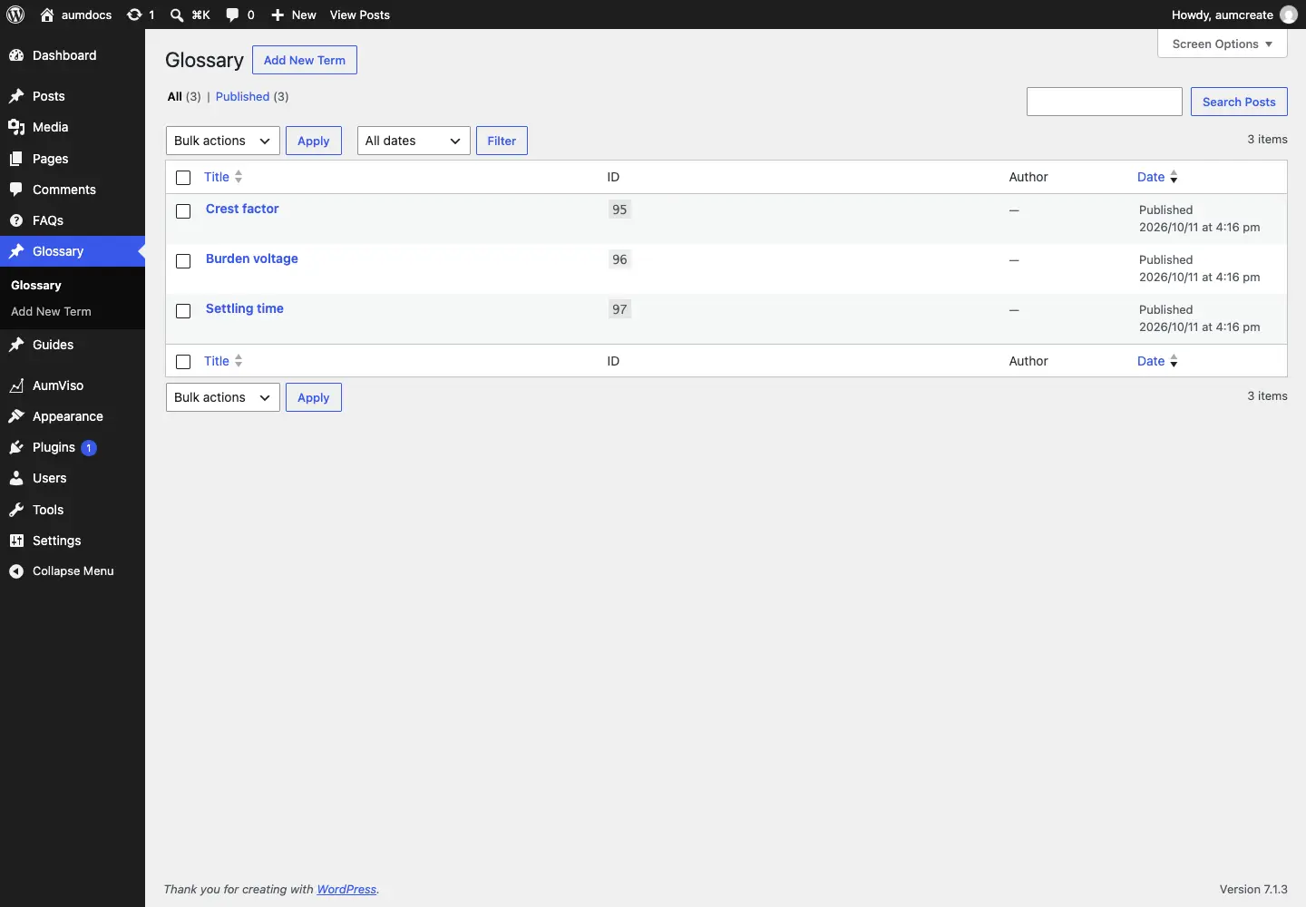 The glossary list in the admin