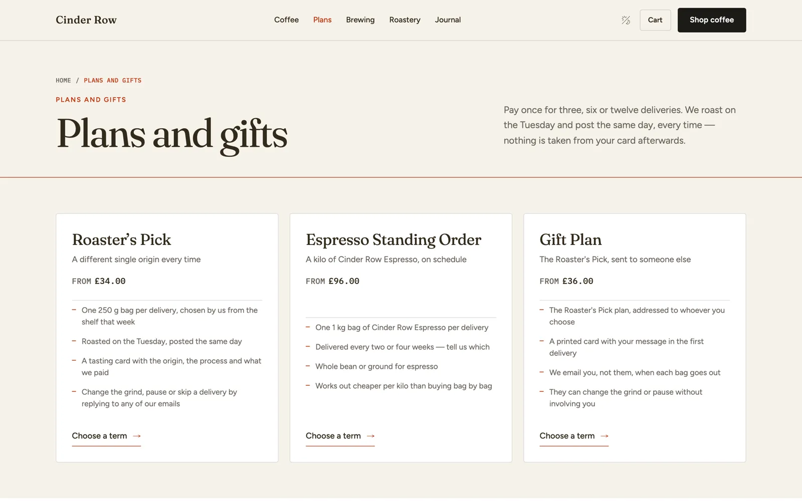 Cinder Row — Plans and gifts