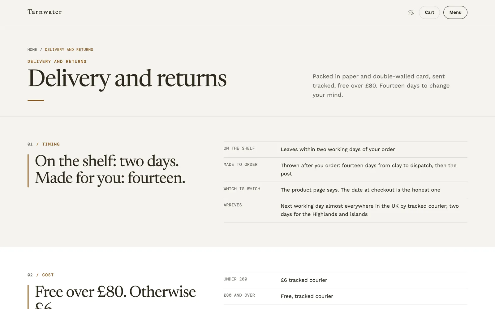 Tarnwater — Delivery and returns