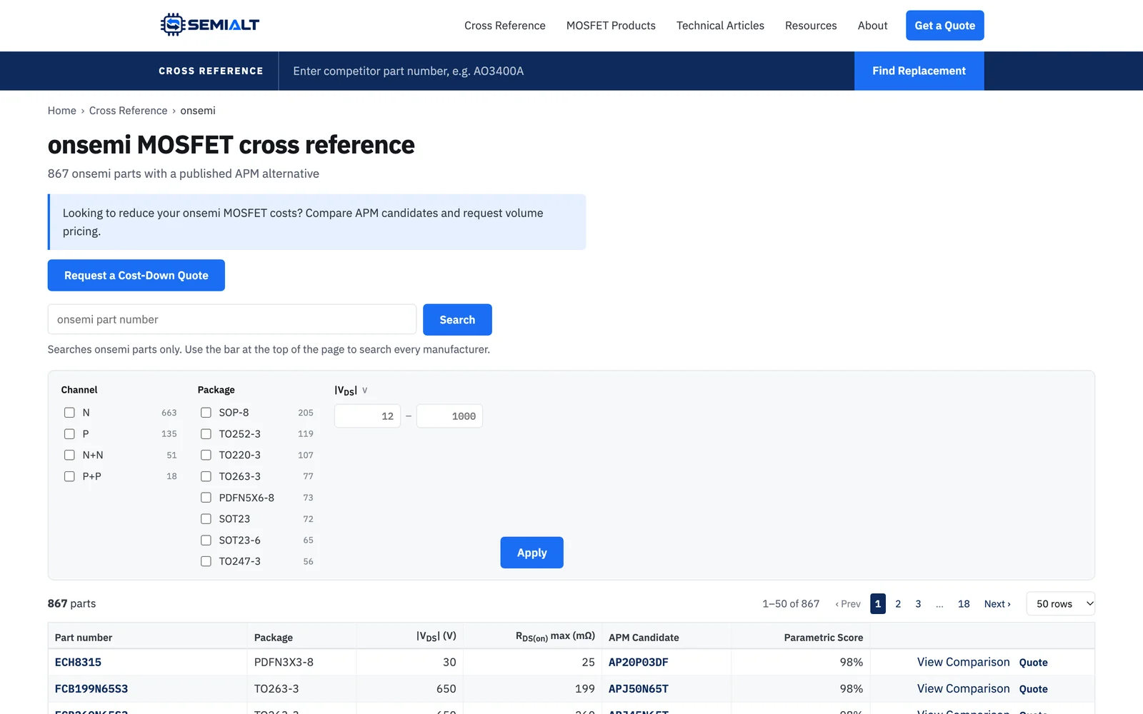 Each competitor manufacturer has its own cross-reference index, filterable by channel, package and voltage, with the APM candidate and its parametric score on every row.