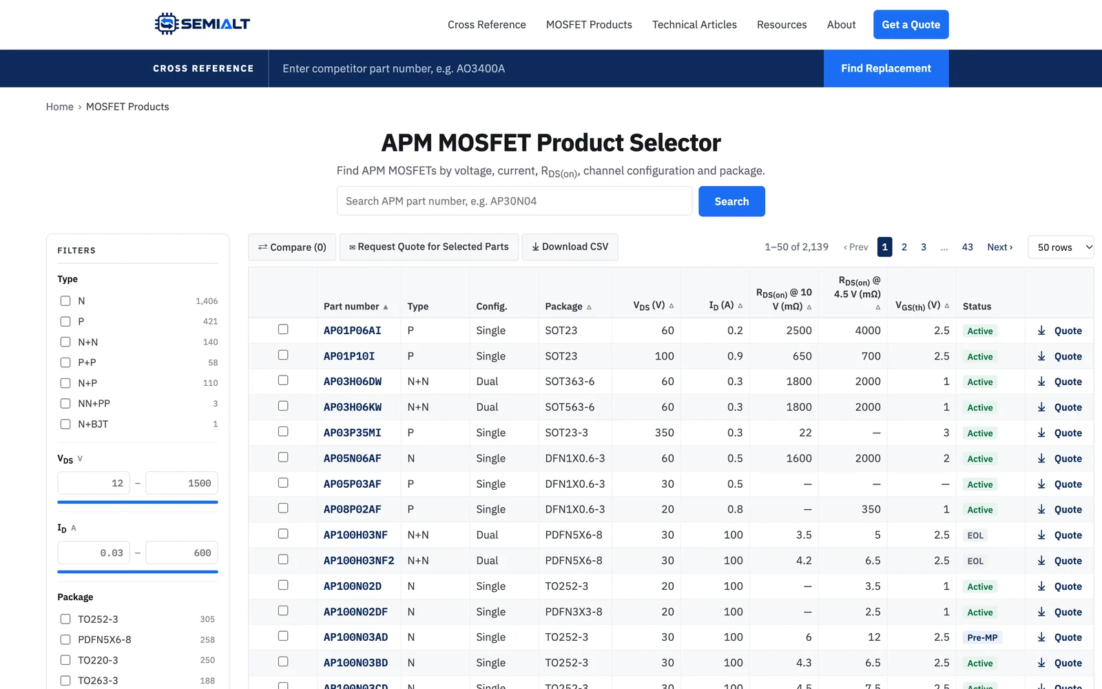 The parametric selector covers the full APM range: filter by type, voltage, current and package, compare a selection side by side, or export the result as CSV.